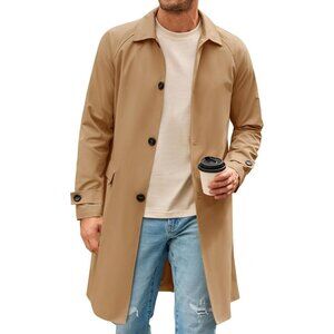 Men's Brown Grey Slim-Fit Single-Breasted Trench Coat Long Windbreaker Overcoat
